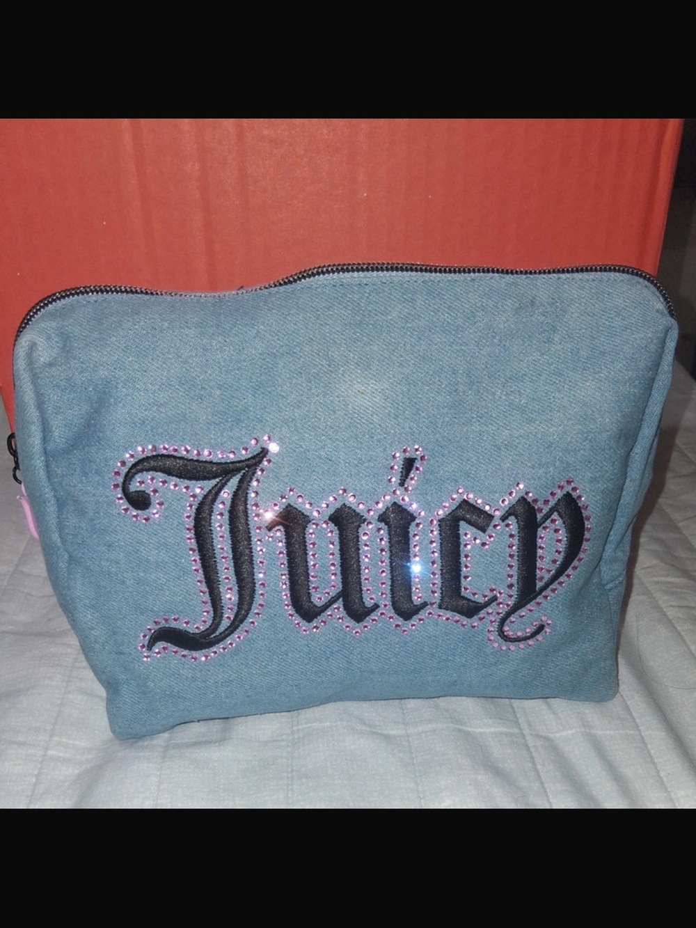 Juicy Couture Light Blue Denim Cosmetic Pouch with Pink Accent